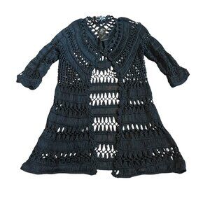 Zashi Black Loose-Weave Single Button Long Length Sweater Cardigan Medium NWT